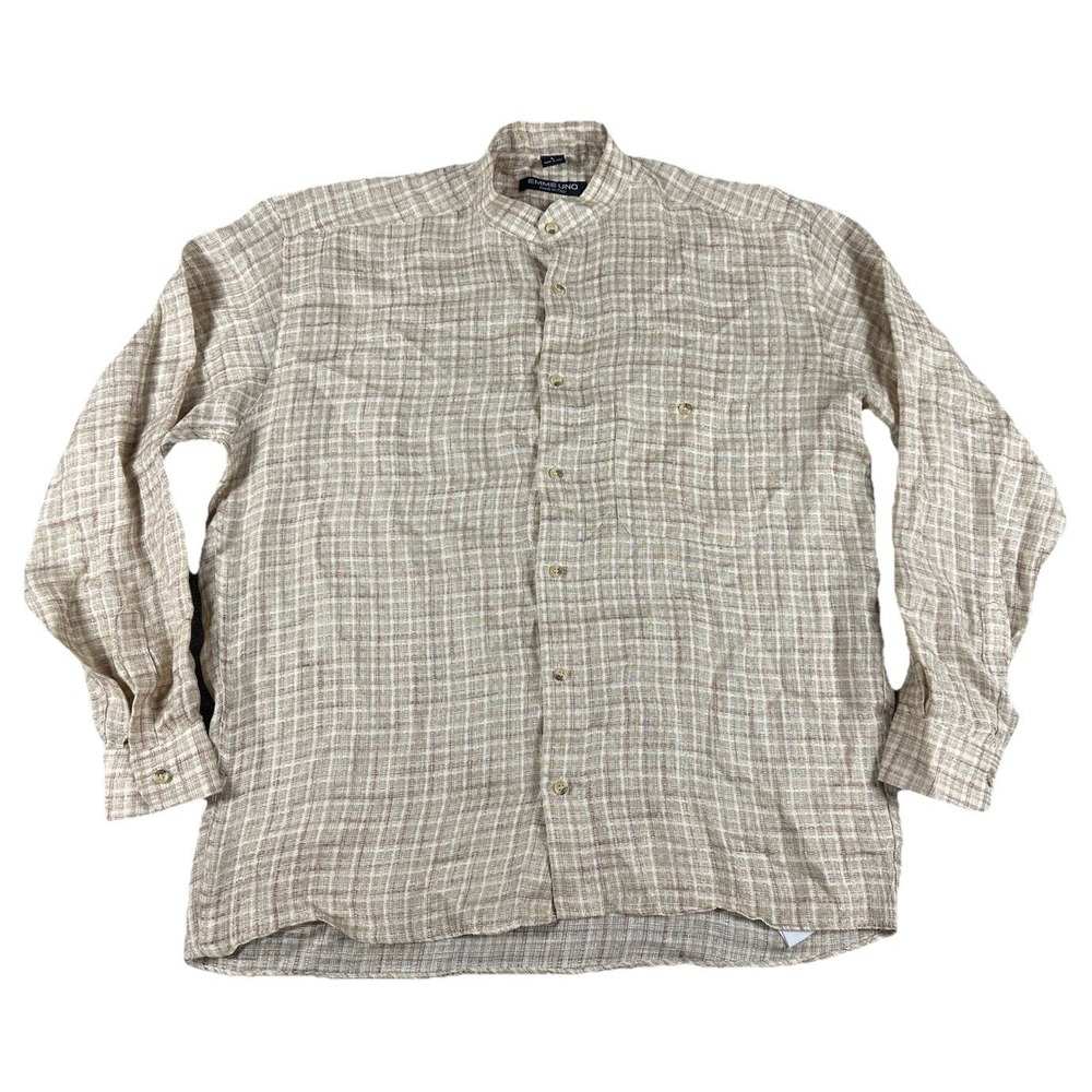 Emme Uno Shirt Made in Italy Linen Band Collar Long Sleeve Tan Men's Large